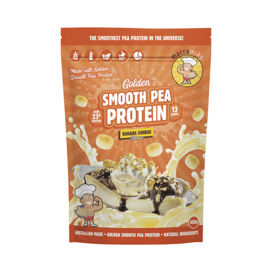 Macro Mike Golden Smooth Pea Protein Banana Sundae 455g pack with vibrant banana and protein blend graphics.