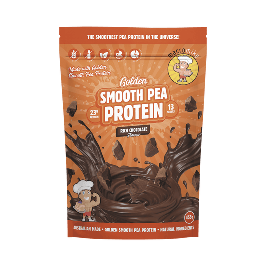 Macro Mike Golden Smooth Pea Protein Rich Chocolate 455g pack showing chocolate flavor graphics and product branding.