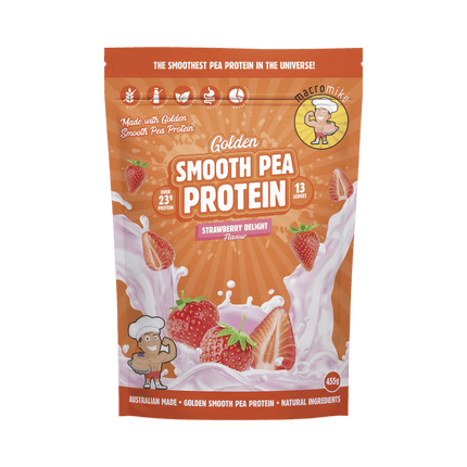 Macro Mike Golden Smooth Pea Protein Strawberry Delight 455g pack with strawberry, beetroot, and protein blend graphics.