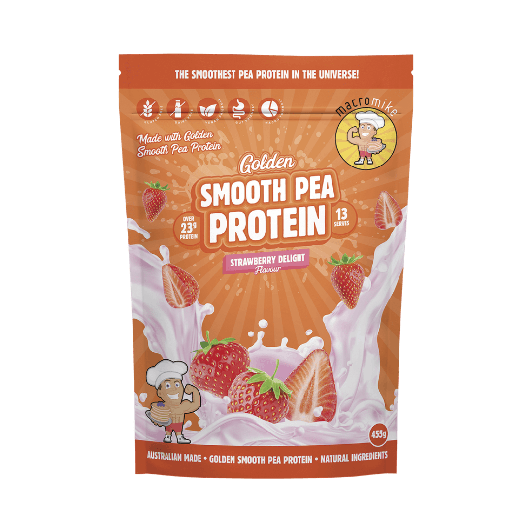 Macro Mike Golden Smooth Pea Protein Strawberry Delight 455g pack with strawberry, beetroot, and protein blend graphics.