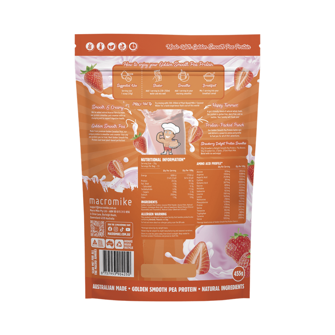 Macro Mike Golden Smooth Pea Protein Strawberry Delight 455g shake served in a glass, showcasing creamy strawberry protein drink.
