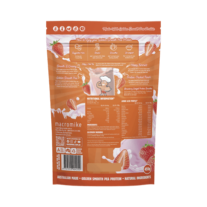 Macro Mike Golden Smooth Pea Protein Strawberry Delight 455g shake served in a glass, showcasing creamy strawberry protein drink.