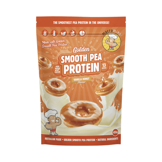 Macro Mike Golden Smooth Pea Protein Vanilla Donut 455g pack with vanilla flavor graphics and product branding.