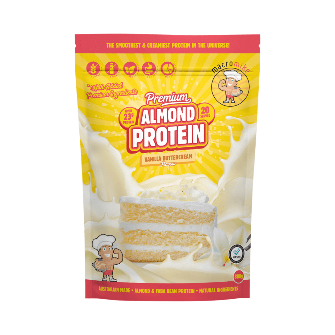 Macro Mike Premium Almond Protein Vanilla Buttercream pack showing product branding and vanilla buttercream flavor.
