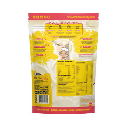 Macro Mike Premium Almond Protein Vanilla Buttercream snack bar with creamy vanilla texture and nutty almond pieces.