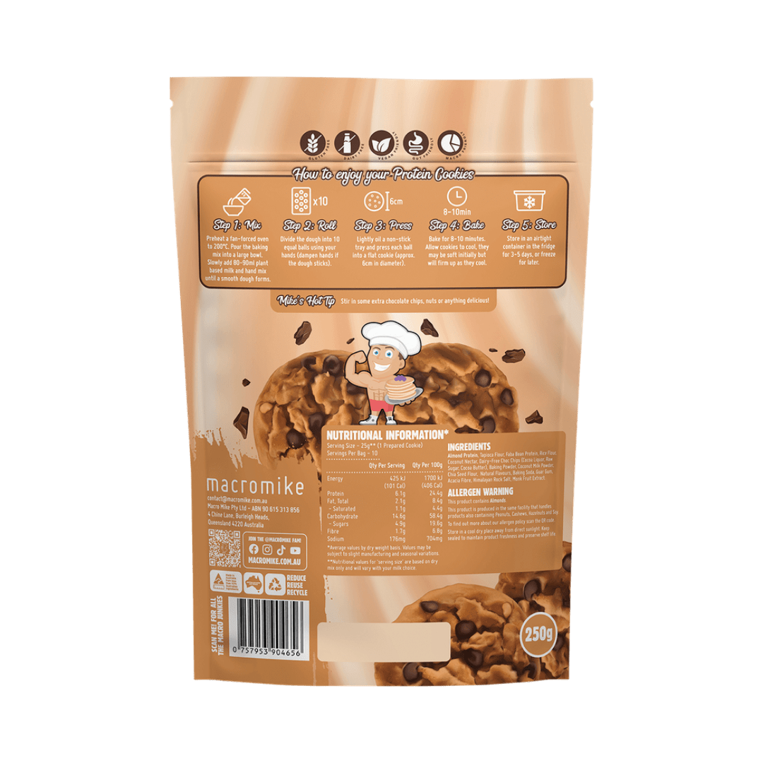 Macro Mike Protein Cookie Baking Mix Choc Chip 250g with fresh-baked chocolate chip protein cookies on a rustic plate.