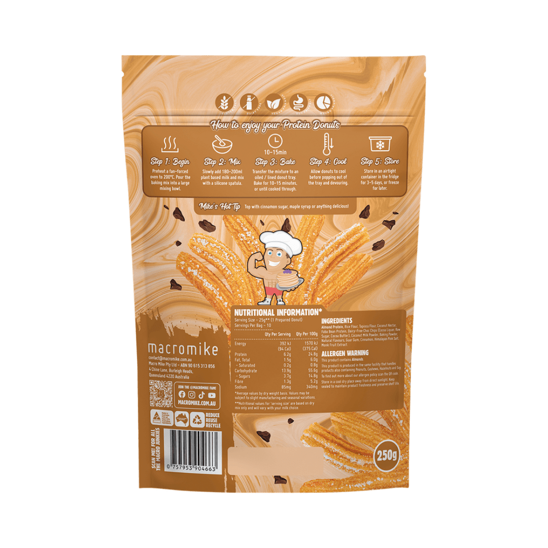 Macro Mike Protein Donut Baking Mix Choc Chip Cinnamon Churros 250g with freshly baked protein donuts flavored with cinnamon and chocolate chips.