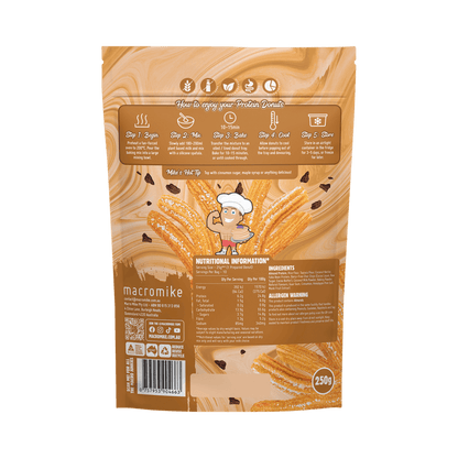 Macro Mike Protein Donut Baking Mix Choc Chip Cinnamon Churros 250g with freshly baked protein donuts flavored with cinnamon and chocolate chips.
