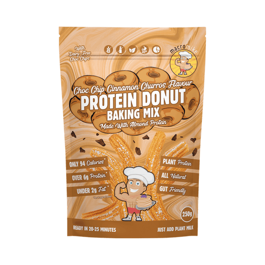 Macro Mike Protein Donut Baking Mix Choc Chip Cinnamon Churros 250g pack showing the product label with cinnamon and chocolate chip graphics.