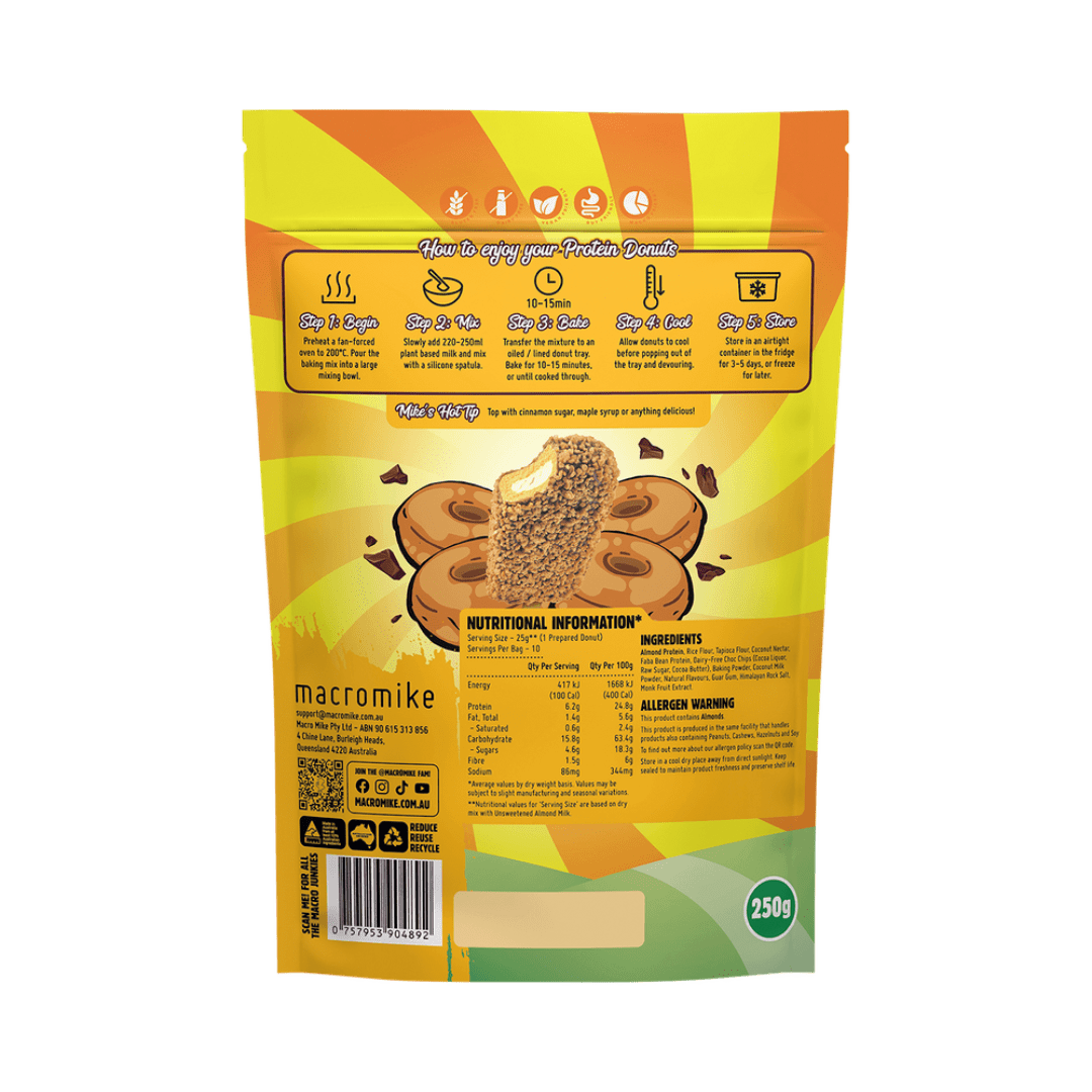 Macro Mike Protein Donut Mix Golden Gaytime Choc Chip 250g featuring fresh protein donuts with golden chocolate chips.