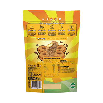 Macro Mike Protein Donut Mix Golden Gaytime Choc Chip 250g featuring fresh protein donuts with golden chocolate chips.