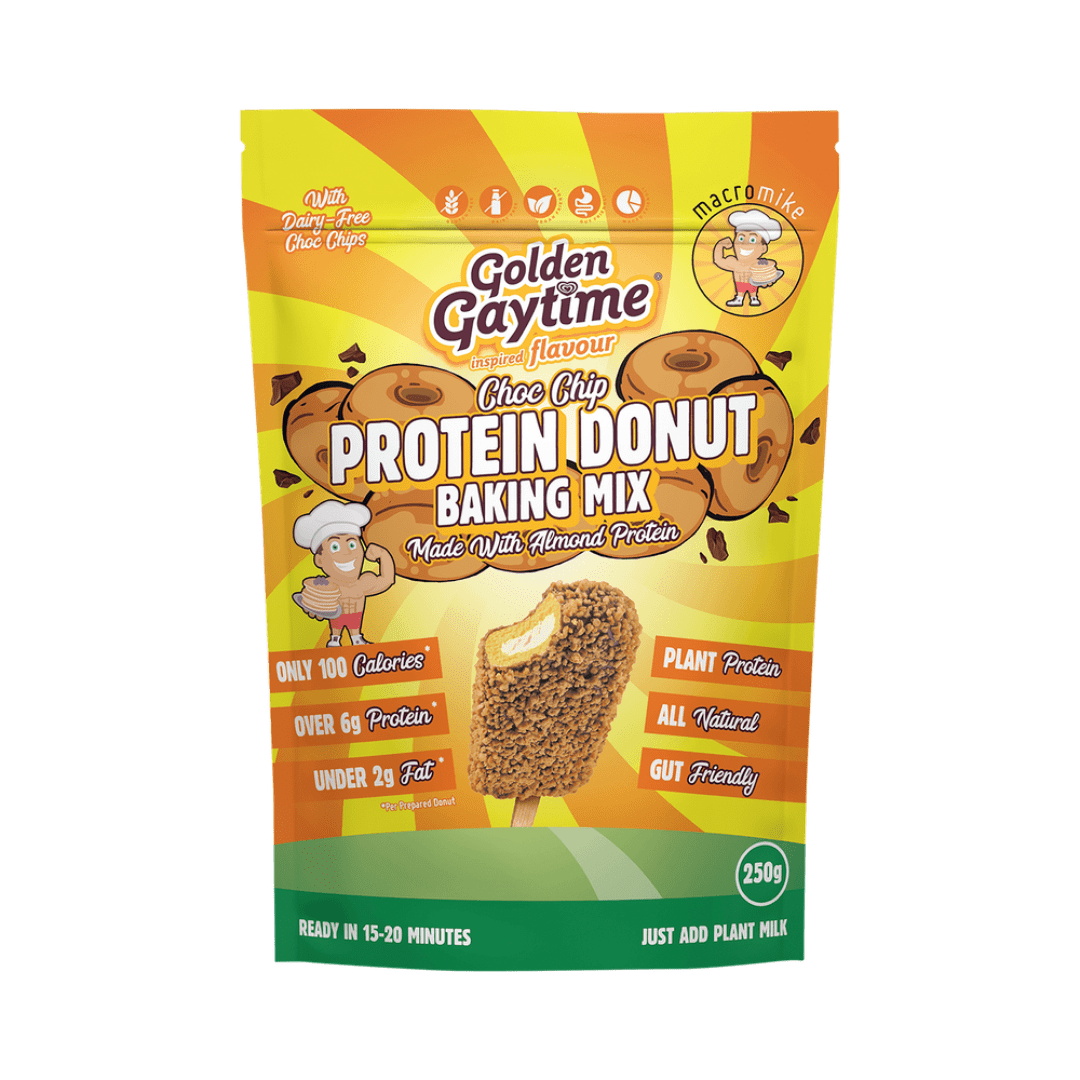 Macro Mike Protein Donut Mix Golden Gaytime Choc Chip 250g pack showing branding and product details.