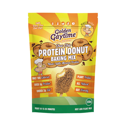 Macro Mike Protein Donut Mix Golden Gaytime Choc Chip 250g pack showing branding and product details.