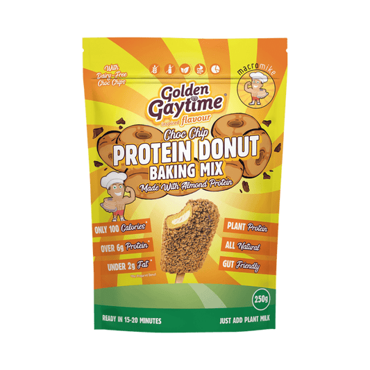 Macro Mike Protein Donut Mix Golden Gaytime Choc Chip 250g pack showing branding and product details.