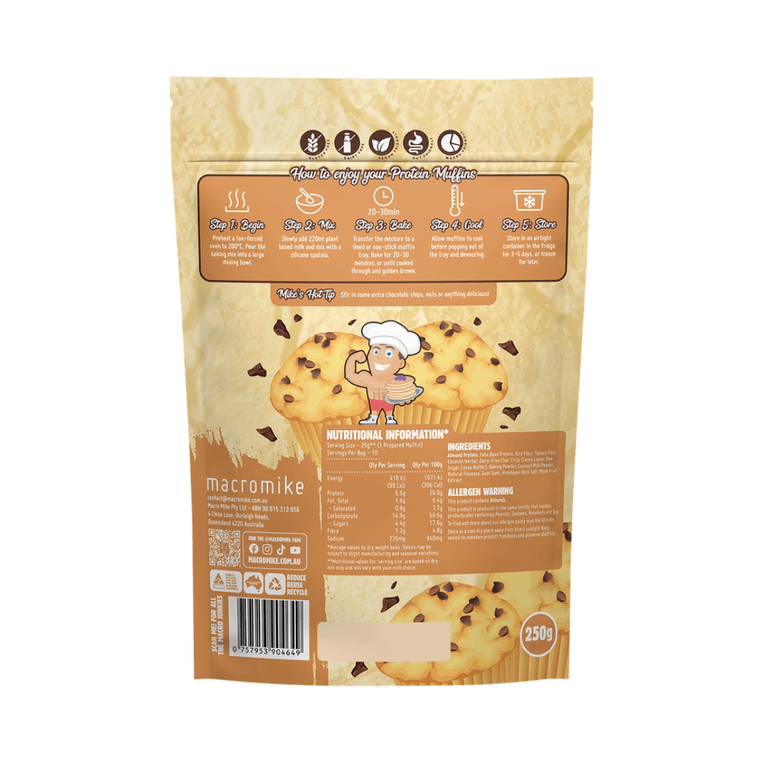 Macro Mike Protein Muffin Baking Mix Choc Chip 250g with fresh-baked, chocolate chip protein muffins arranged on a plate.