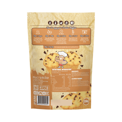 Macro Mike Protein Muffin Baking Mix Choc Chip 250g with fresh-baked, chocolate chip protein muffins arranged on a plate.