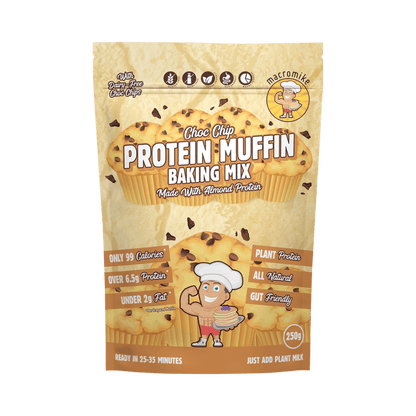 Macro Mike Protein Muffin Baking Mix Choc Chip 250g pack showing front label and plant-based chocolate chip muffin imagery.
