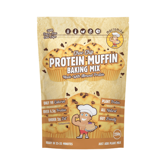 Macro Mike Protein Muffin Baking Mix Choc Chip 250g pack showing front label and plant-based chocolate chip muffin imagery.