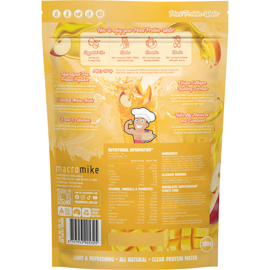 Apple & Mango flavored Plant Protein Water by Macro Mike, delivering light, fruity hydration with vegan protein support.