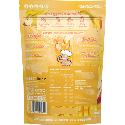 Apple & Mango flavored Plant Protein Water by Macro Mike, delivering light, fruity hydration with vegan protein support.