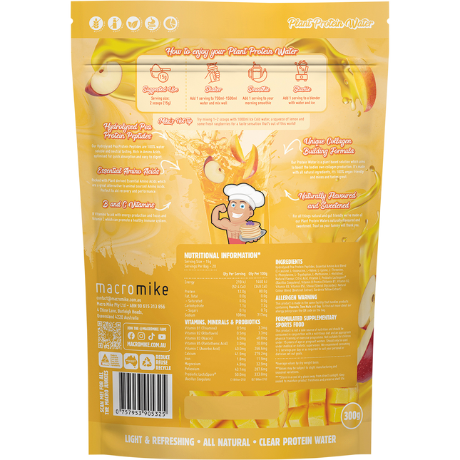 Apple & Mango flavored Plant Protein Water by Macro Mike, delivering light, fruity hydration with vegan protein support.