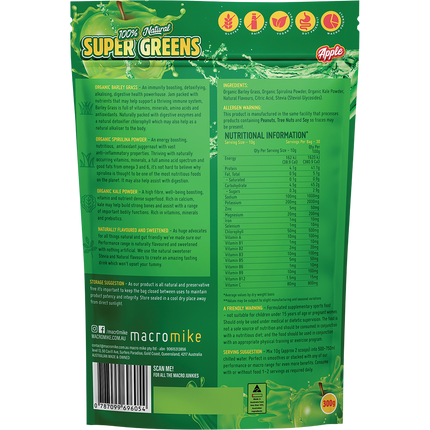 Apple-flavored Super Greens from Macro Mike, ideal for daily greens intake, gut health support, and active lifestyles.