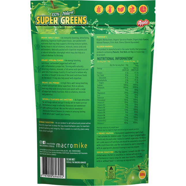 Apple-flavored Super Greens from Macro Mike, ideal for daily greens intake, gut health support, and active lifestyles.