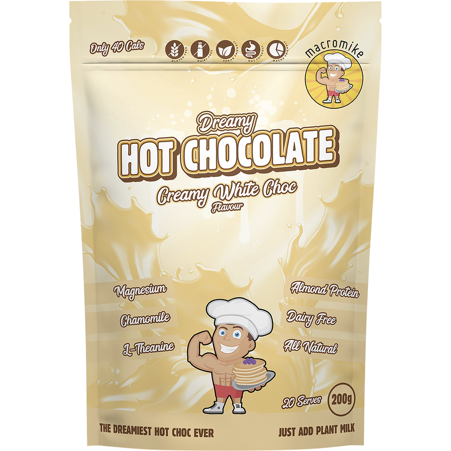 Macro Mike Dreamy Hot Chocolate Creamy White Choc plant-based drinking chocolate powder pack