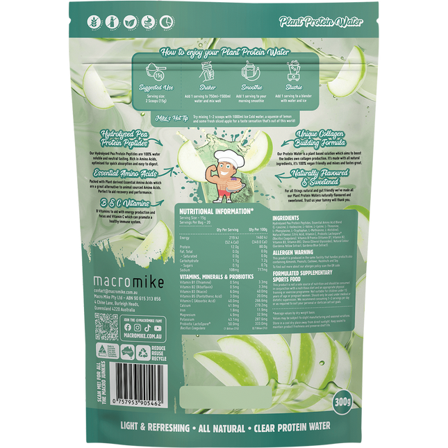 Green Apple flavored Plant Protein Water by Macro Mike, a crisp vegan protein beverage ideal for hydration and daily nutrition.