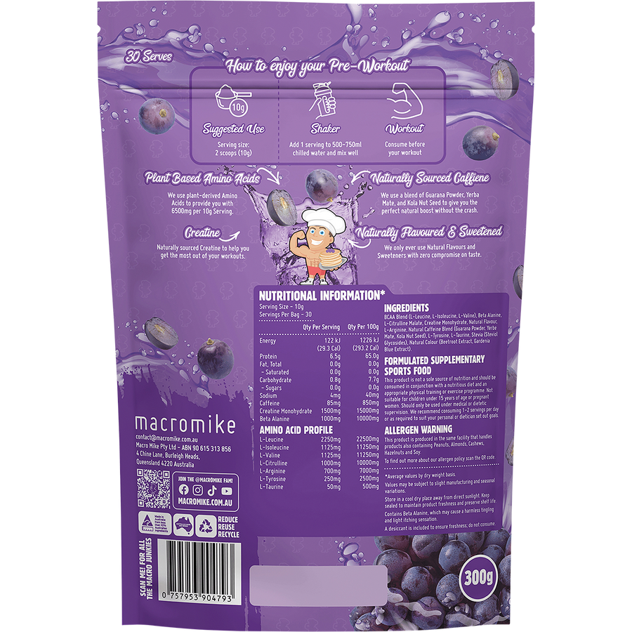 Juicy Grape Fizz Plant Based Pre Workout from Macro Mike, ideal for enhancing endurance, energy levels, and exercise performance.