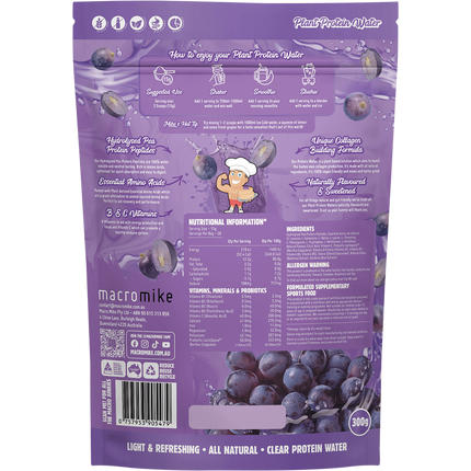 Juicy Grape flavored Plant Protein Water by Macro Mike, a fruity vegan protein beverage supporting hydration and daily nutrition.