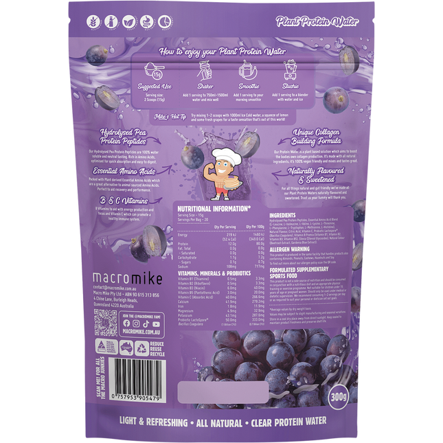 Juicy Grape flavored Plant Protein Water by Macro Mike, a fruity vegan protein beverage supporting hydration and daily nutrition.