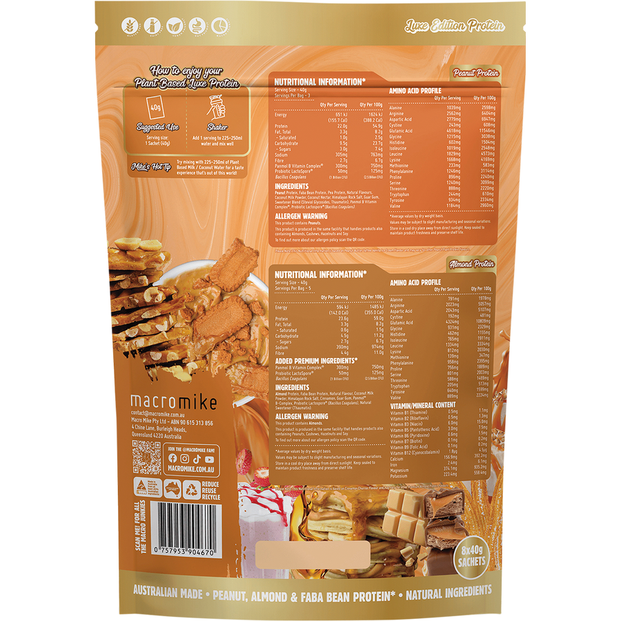 Luxe Plant Based Protein Sample Pack by Macro Mike with assorted dairy-free protein flavours for trial and everyday nutrition.