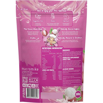 Lychee Berry Pre Workout from Macro Mike, ideal for enhancing endurance, energy levels, and exercise performance.