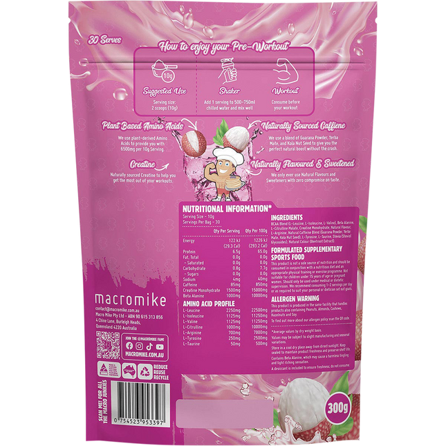 Lychee Berry Pre Workout from Macro Mike, ideal for enhancing endurance, energy levels, and exercise performance.