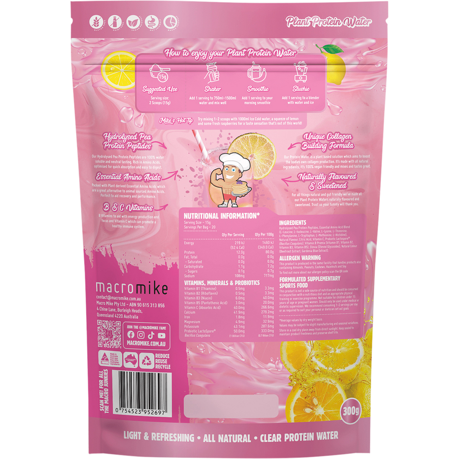 Pink Lemonade Plant Protein Water from Macro Mike, ideal for hydration, plant-based protein intake, and active lifestyles.