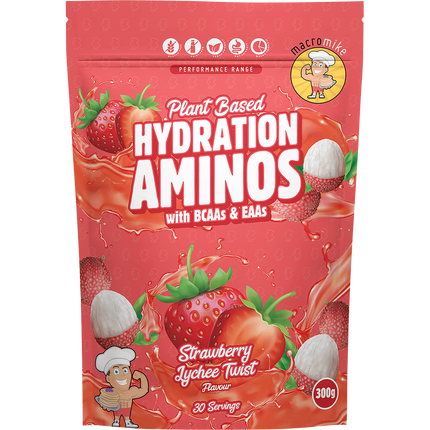 Macro Mike Plant-Based Hydration Aminos in Strawberry Lychee flavor, designed to support hydration, muscle recovery, and workout performance.