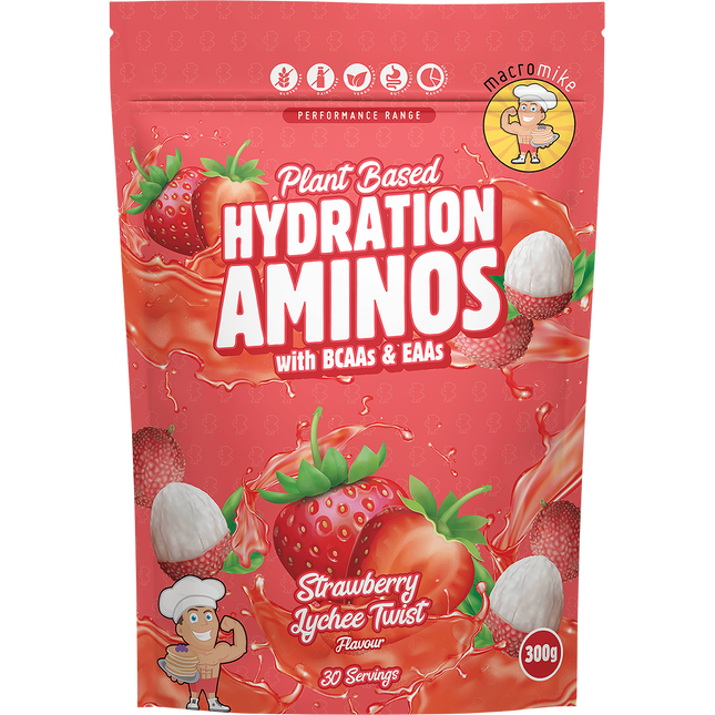 Macro Mike Plant-Based Hydration Aminos in Strawberry Lychee flavor, designed to support hydration, muscle recovery, and workout performance.
