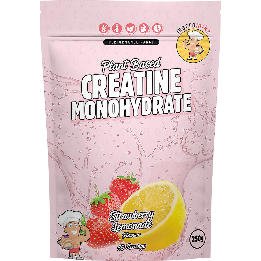 Macro Mike Plant Based Creatine Monohydrate Strawberry Lemonade flavoured supplement supporting strength, endurance, and muscle recovery.