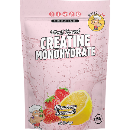 Macro Mike Plant Based Creatine Monohydrate Strawberry Lemonade flavoured supplement supporting strength, endurance, and muscle recovery.