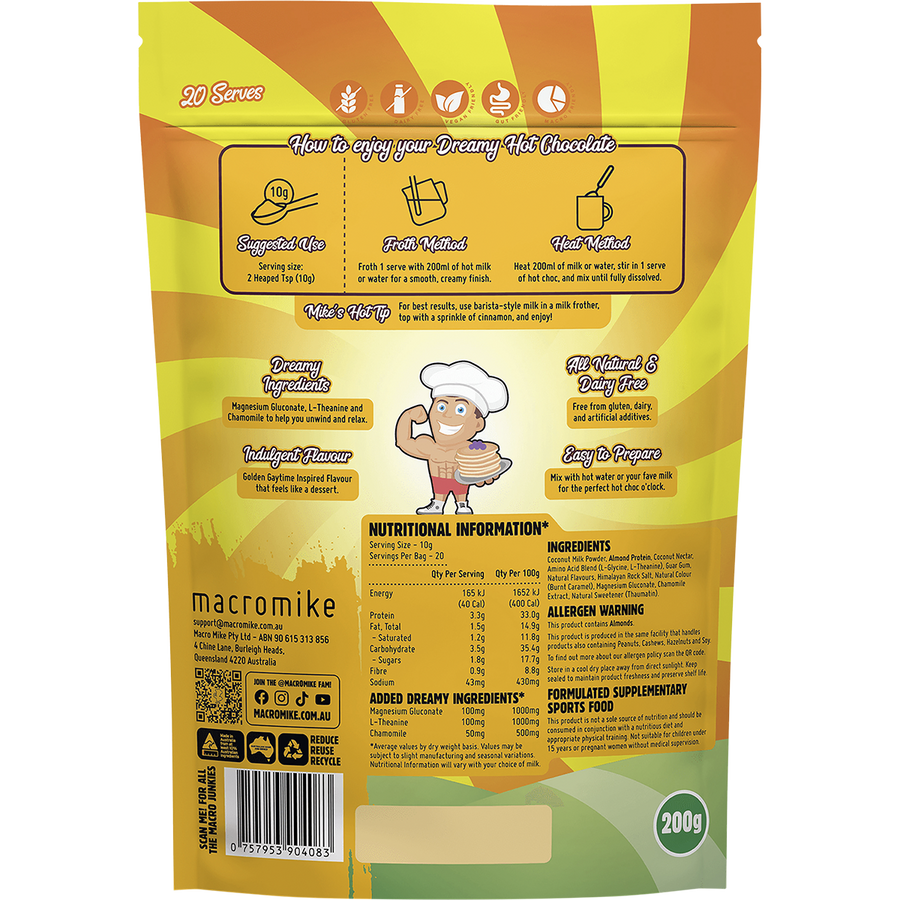 Macro Mike Golden Gaytime Dreamy Hot Chocolate vegan hot chocolate powder product package