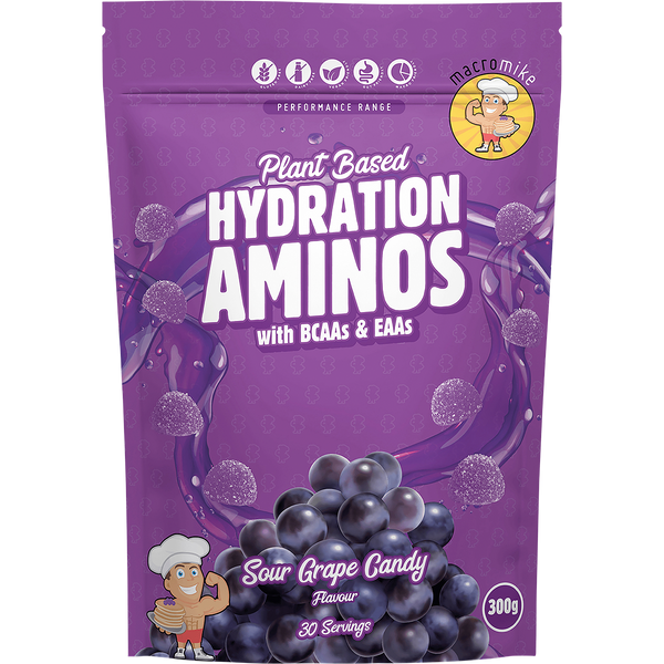 Macro Mike Plant Based Hydration Aminos Sour Grape Candy electrolyte amino hydration supplement pack
