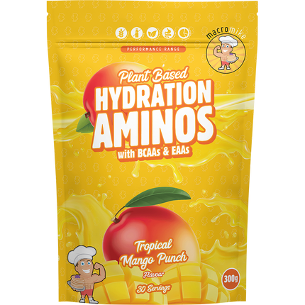Macro Mike Plant Based Hydration Aminos in Tropical Mango flavor, designed to support hydration, muscle recovery, and workout performance.