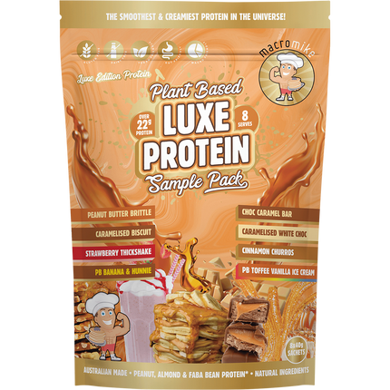 Macro Mike Plant Based Luxe Protein Sample Pack featuring a variety of vegan protein flavours for convenient sampling.