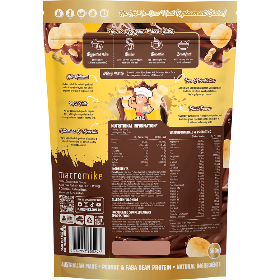 Macro Mike PB Chocolate Banana Macro Shake vegan meal replacement protein powder product package