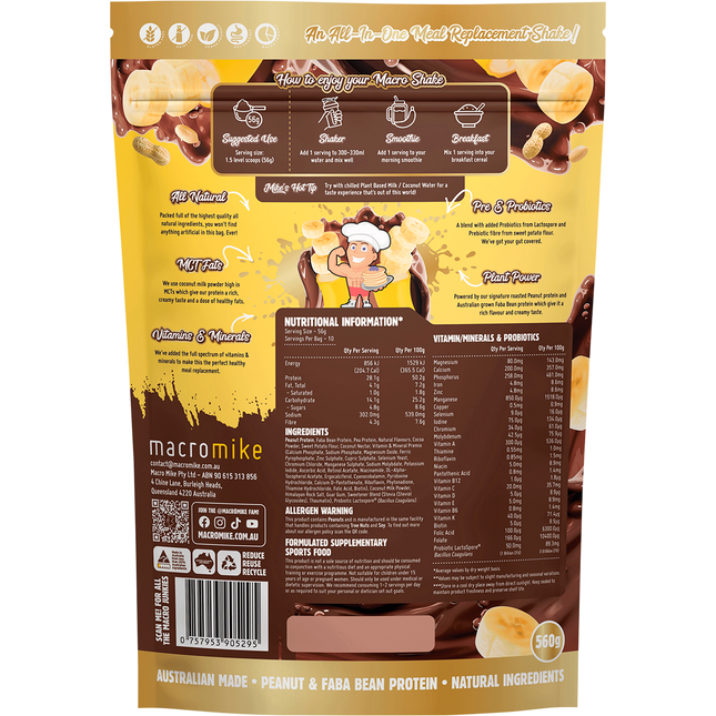 Macro Mike PB Chocolate Banana Macro Shake vegan meal replacement protein powder product package