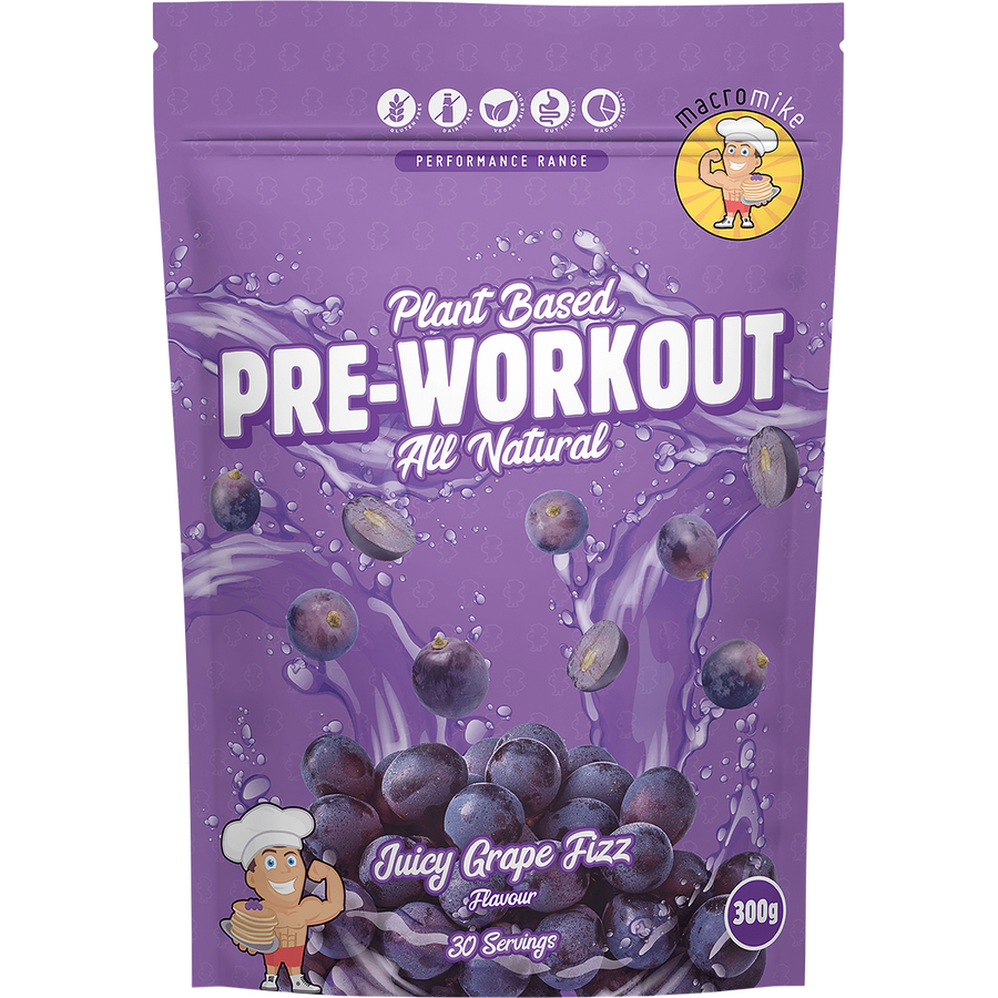 Juicy Grape Fizz Plant Based Pre Workout from Macro Mike, ideal for enhancing endurance, energy levels, and exercise performance.