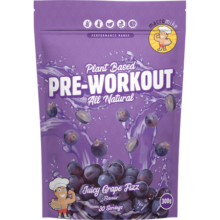 Juicy Grape Fizz Plant Based Pre Workout from Macro Mike, ideal for enhancing endurance, energy levels, and exercise performance.