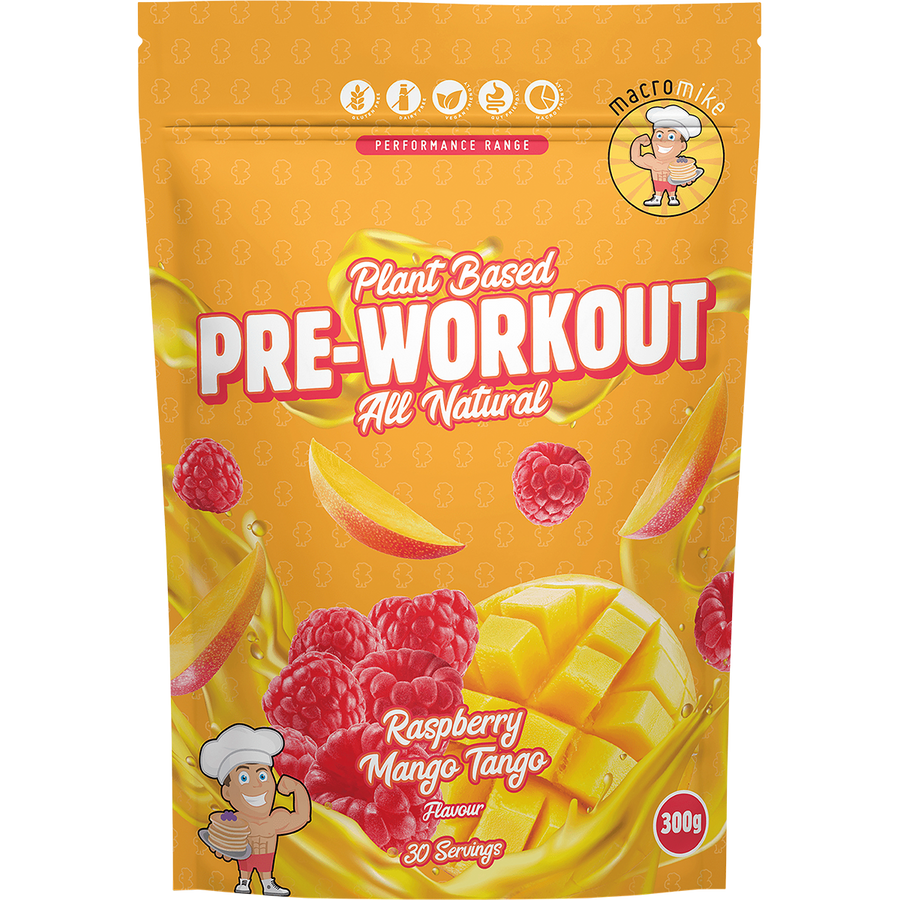 Macro Mike Plant Based Pre Workout in Raspberry Mango Tango flavor, formulated to boost energy, focus, and workout performance.