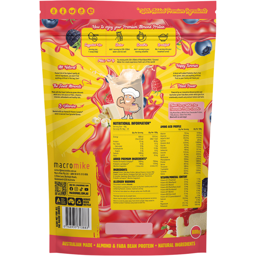 Macro Mike Berry White Choc Cheezecake Premium Almond Protein vegan almond protein powder product package